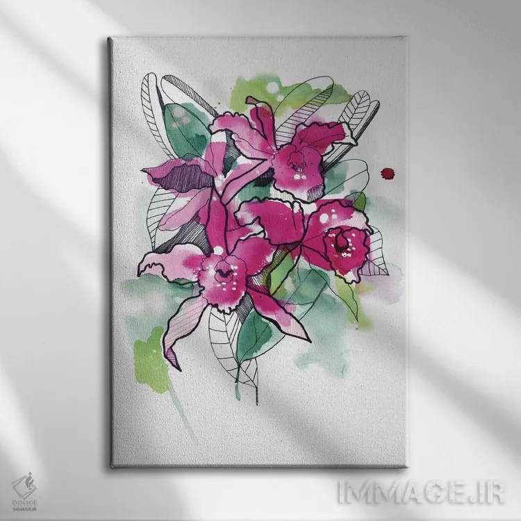 تابلو ارکیدههای سرخابی اثر کایِنا بلانکا - نمای روبهرو روی دیوار