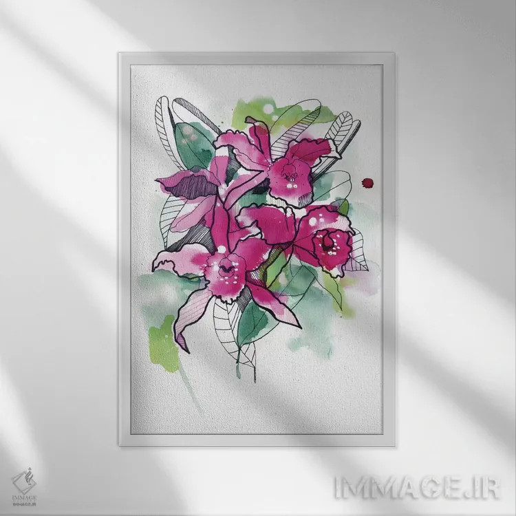 تابلو ارکیدههای سرخابی اثر کایِنا بلانکا - نمای قابدار سفید