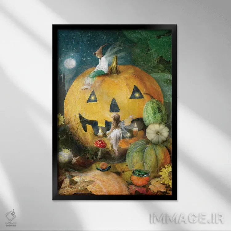 تابلو هالووین در کدوستان اثر شارلوت بیرد - نمای قابدار مشکی