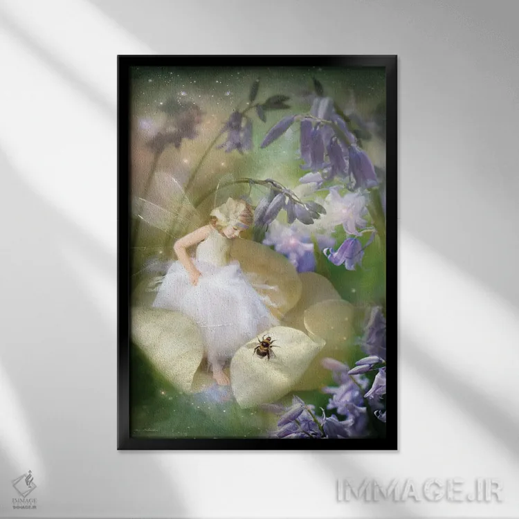 تابلو آواز گلهای ناقوسی آبی اثر شارلوت بیرد - نمای قابدار مشکی