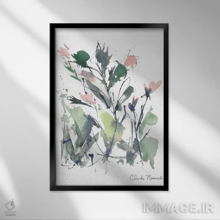 تابلو شکوفههای صورتی انتزاعی اثر کلودیا بیانکی - نمای قابدار مشکی