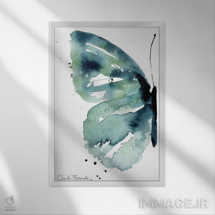 تابلو نیمهٔ پروانهٔ آبی اثر کلودیا بیانکی - نمای قابدار سفید