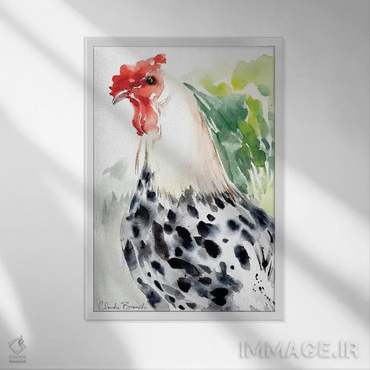 تابلو همبورگ خالخالی نقرهای (نوعی مرغ) اثر کلودیا بیانکی - نمای قابدار سفید