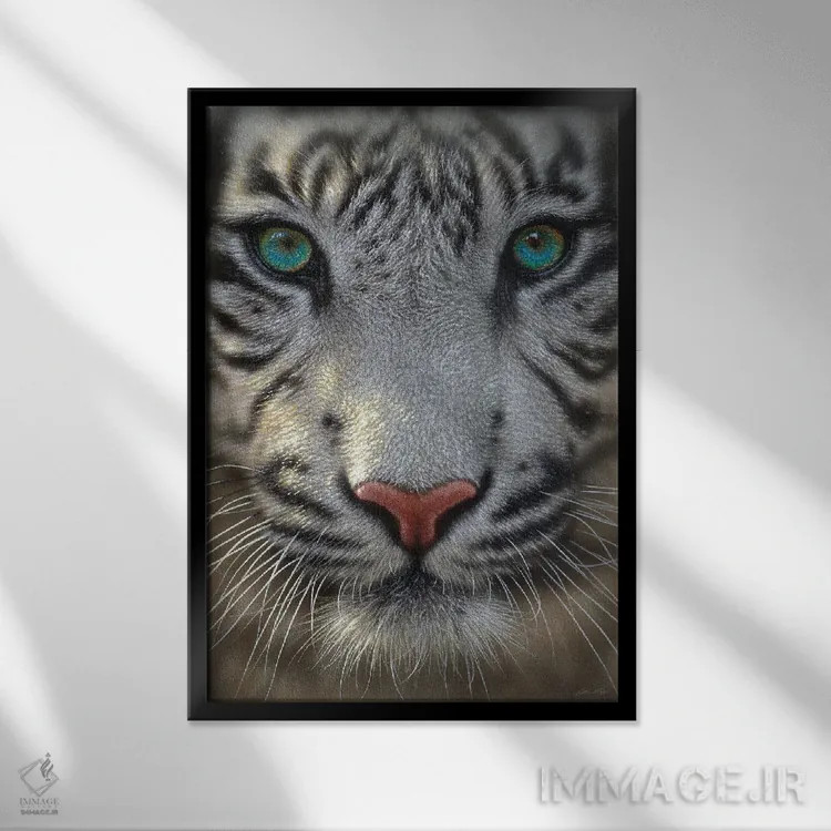 تابلو ببر سفید اثر کالین بوگل - نمای قابدار مشکی