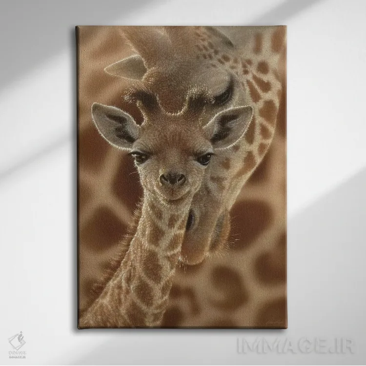تابلو زرافهٔ تازه متولدشده (عمودی) اثر کالین بوگل - نمای روبهرو روی دیوار