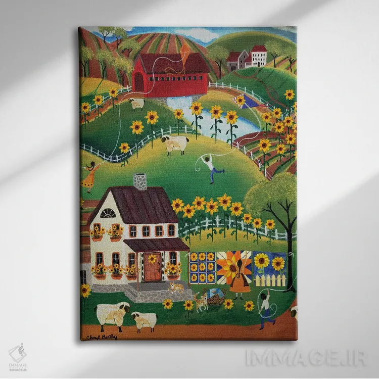 تابلو خانهٔ لحافدوز بدوی، گوسفند و آفتابگردان (اثر شریل بارتلی) اثر شریل بارتلی - نمای روبهرو روی دیوار