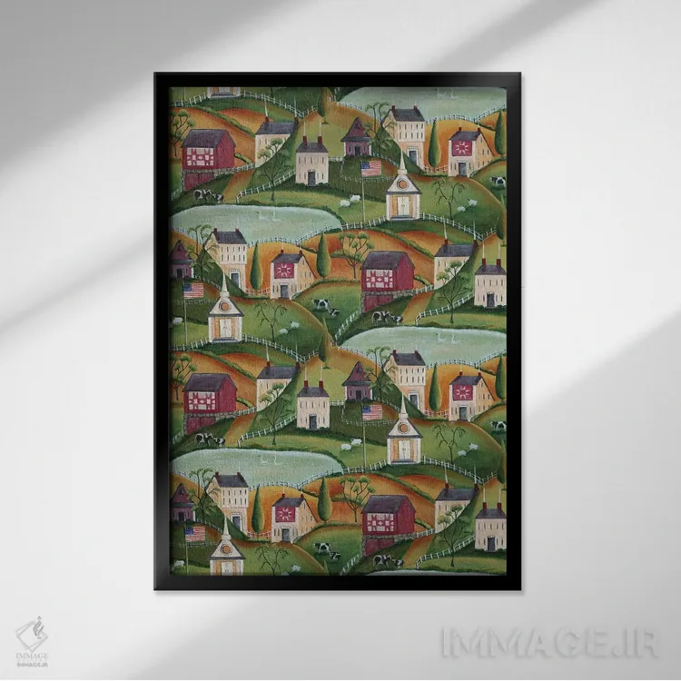 تابلو روستای هنر مردمی بدوی آمریکایی (گذشته) بارتلی اثر شریل بارتلی - نمای قابدار مشکی