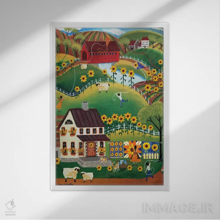 تابلو خانهٔ لحافدوز بدوی، گوسفند و آفتابگردان (اثر شریل بارتلی) اثر شریل بارتلی - نمای قابدار سفید