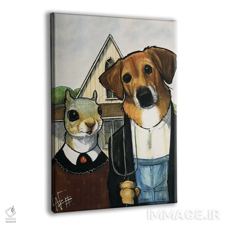 تابلو سگ میکس سبک گوتیک آمریکایی اثر کاریکاتورهای سگ (استودیو تخصصی کاریکاتور حیوانات) - نمای پرسپکتیو محصول