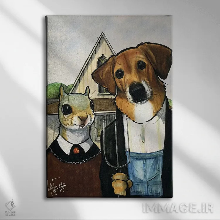 تابلو سگ میکس سبک گوتیک آمریکایی اثر کاریکاتورهای سگ (استودیو تخصصی کاریکاتور حیوانات) - نمای روبهرو روی دیوار