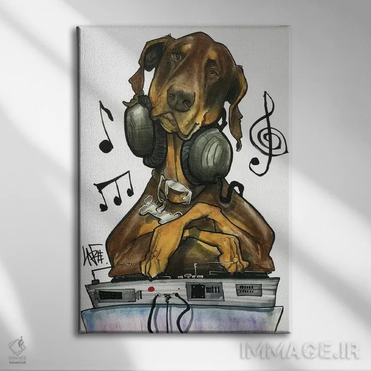 تابلو دیجی دوبرمن اثر کاریکاتورهای سگ (استودیو تخصصی کاریکاتور حیوانات) - نمای روبهرو روی دیوار