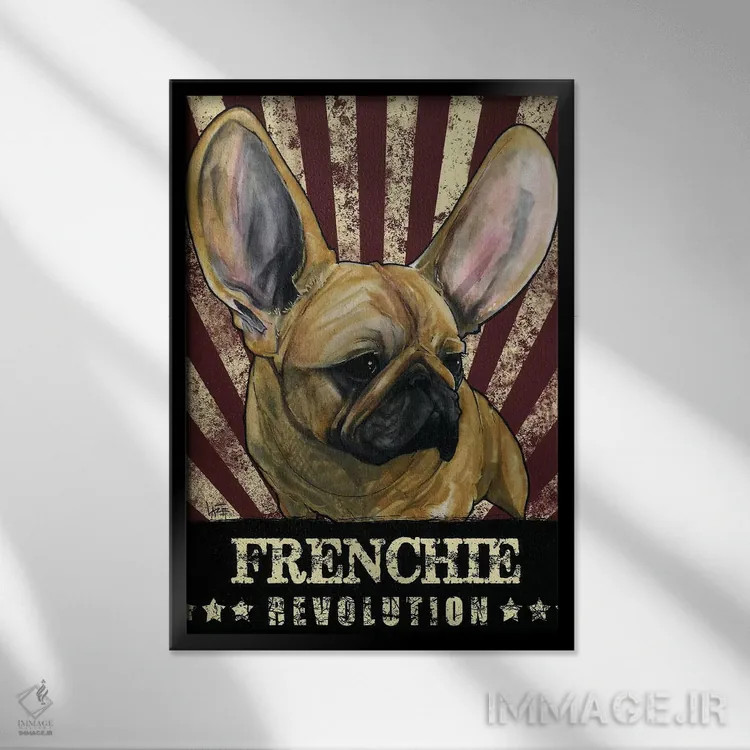 تابلو انقلاب فرانسوی (سگ بولداگ فرنچ) اثر کاریکاتورهای سگ (استودیو تخصصی کاریکاتور حیوانات) - نمای قابدار مشکی