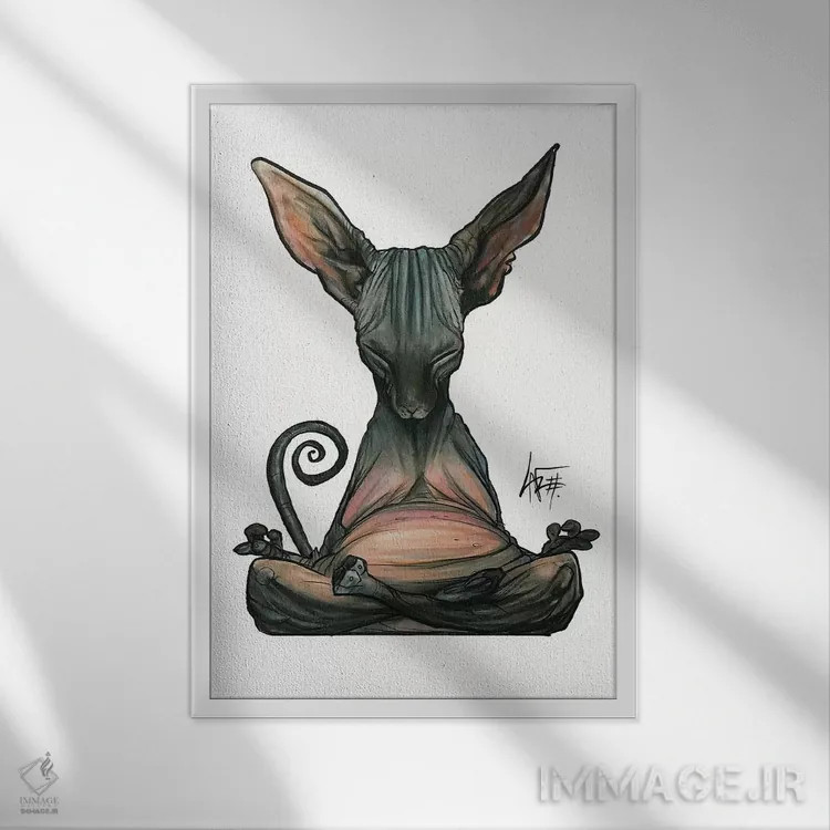 تابلو اسفینکس مراقبهگر (گربه بیمو) اثر کاریکاتورهای سگ (استودیو تخصصی کاریکاتور حیوانات) - نمای قابدار سفید