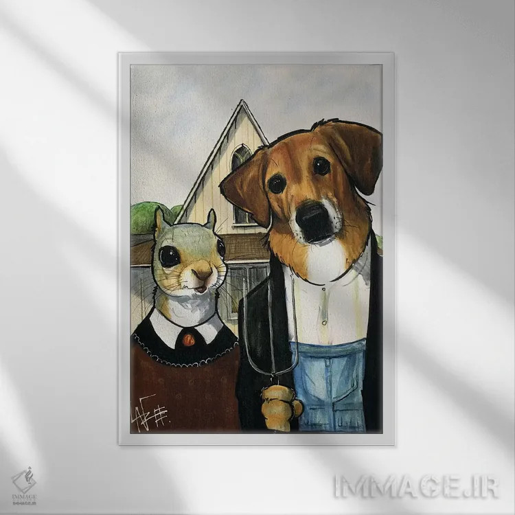 تابلو سگ میکس سبک گوتیک آمریکایی اثر کاریکاتورهای سگ (استودیو تخصصی کاریکاتور حیوانات) - نمای قابدار سفید