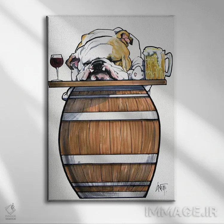 تابلو بولداگ مسافرخانه اثر کاریکاتورهای سگ (استودیو تخصصی کاریکاتور حیوانات) - نمای روبهرو روی دیوار