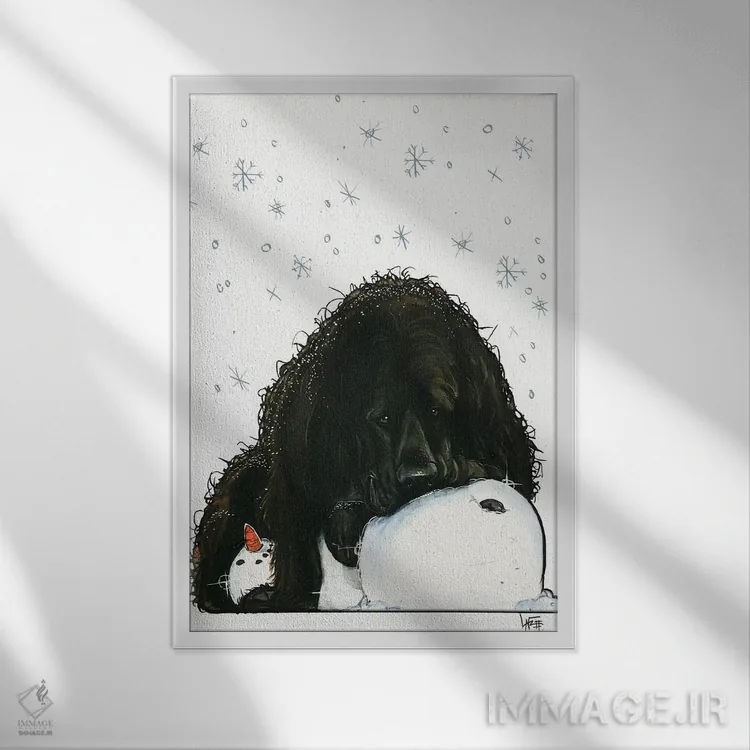 تابلو نیوفاندلند عاشق برف (سگ نژاد) اثر کاریکاتورهای سگ (استودیو تخصصی کاریکاتور حیوانات) - نمای قابدار سفید