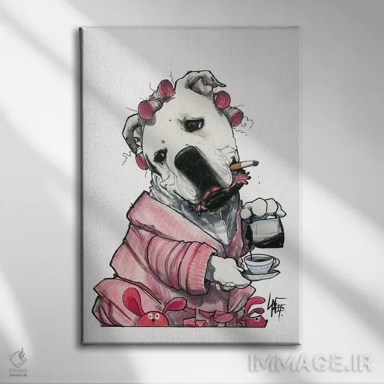 تابلو چه خبره؟ (اصطلاح طنزآمیز) اثر کاریکاتورهای سگ (استودیو تخصصی کاریکاتور حیوانات) - نمای روبهرو روی دیوار