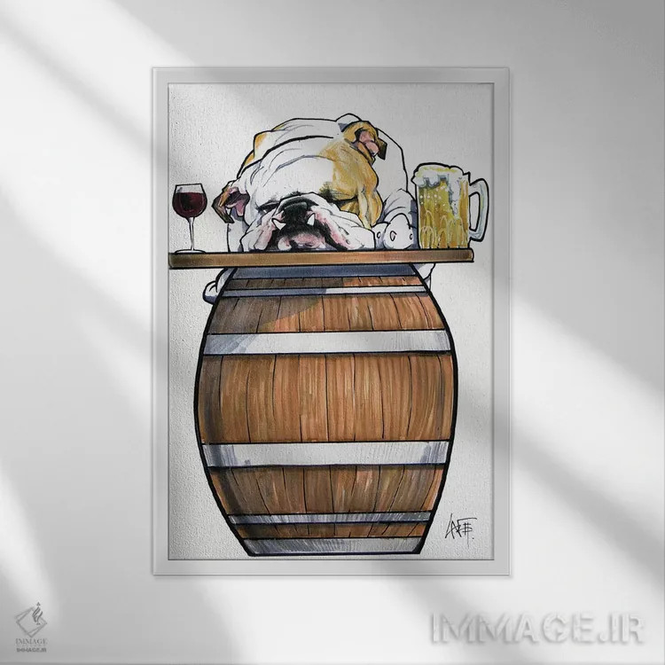 تابلو بولداگ مسافرخانه اثر کاریکاتورهای سگ (استودیو تخصصی کاریکاتور حیوانات) - نمای قابدار سفید