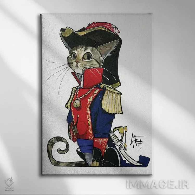 تابلو گربهٔ ژنرال مدرن اثر کاریکاتورهای سگ (استودیو تخصصی کاریکاتور حیوانات) - نمای روبهرو روی دیوار