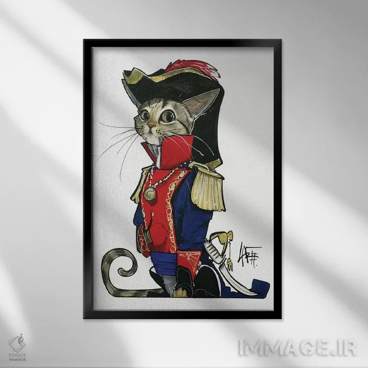 تابلو گربهٔ ژنرال مدرن اثر کاریکاتورهای سگ (استودیو تخصصی کاریکاتور حیوانات) - نمای قابدار مشکی