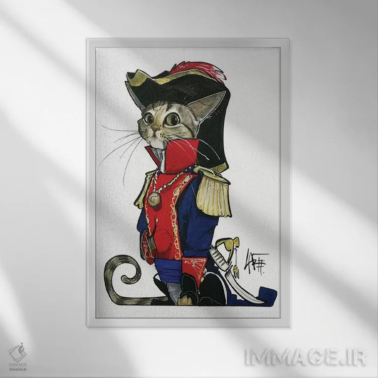تابلو گربهٔ ژنرال مدرن اثر کاریکاتورهای سگ (استودیو تخصصی کاریکاتور حیوانات) - نمای قابدار سفید