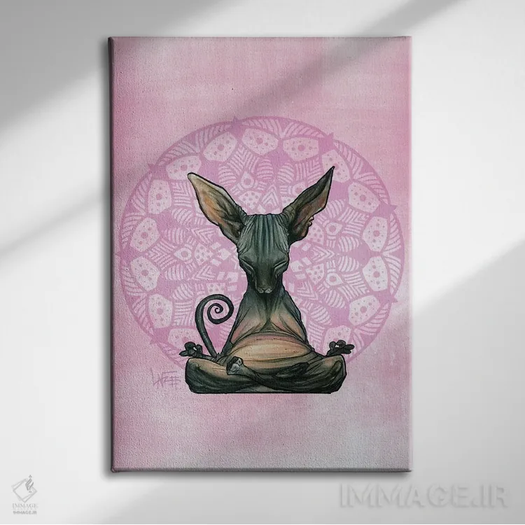 تابلو اسفینکس مراقبهگر (گربه بیمو) اثر کاریکاتورهای سگ (استودیو تخصصی کاریکاتور حیوانات) - نمای روبهرو روی دیوار