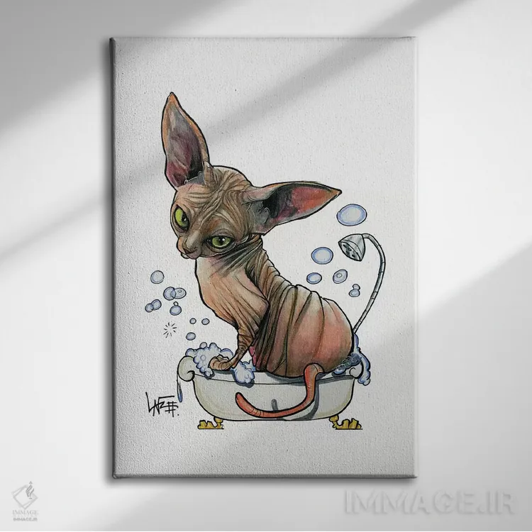 تابلو اسفینکس در وان کفآلود (گربه بیمو) اثر کاریکاتورهای سگ (استودیو تخصصی کاریکاتور حیوانات) - نمای روبهرو روی دیوار