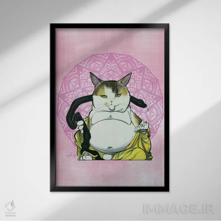 تابلو گربه بودای مراقبهگر اثر کاریکاتورهای سگ (استودیو تخصصی کاریکاتور حیوانات) - نمای قابدار مشکی