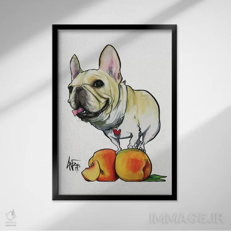 تابلو فرنچی هلو (سگ بولداگ به نام هلو) اثر کاریکاتورهای سگ (استودیو تخصصی کاریکاتور حیوانات) - نمای قابدار مشکی