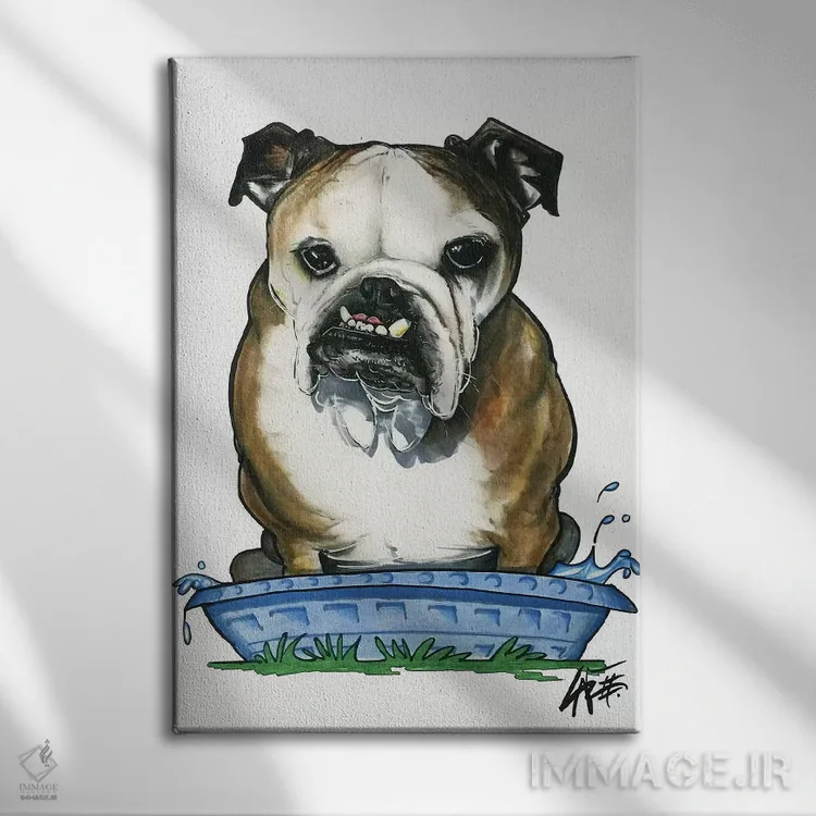 تابلو بولداگ در استخر بچه اثر کاریکاتورهای سگ (استودیو تخصصی کاریکاتور حیوانات) - نمای روبهرو روی دیوار