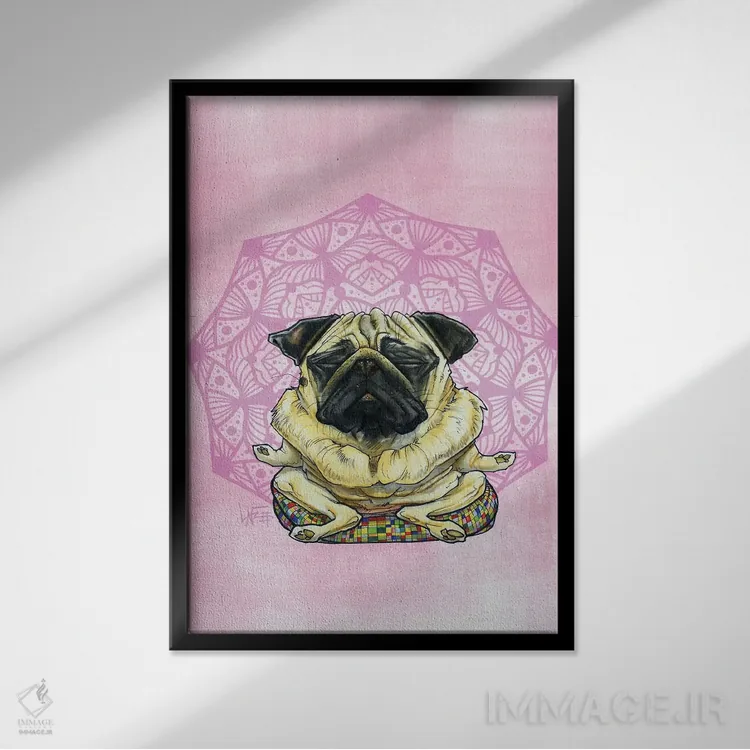 تابلو پاگ مراقبهگر (سگ) اثر کاریکاتورهای سگ (استودیو تخصصی کاریکاتور حیوانات) - نمای قابدار مشکی