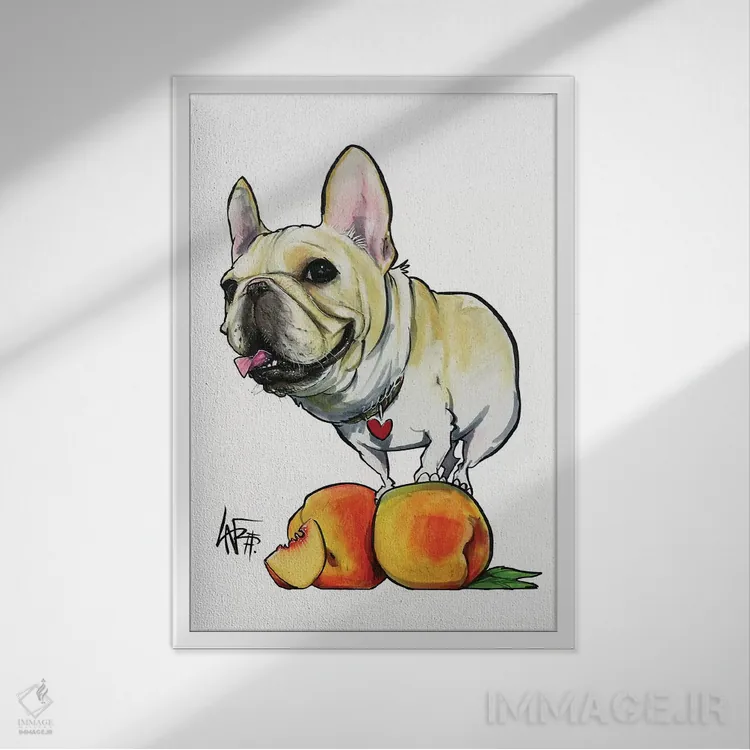 تابلو فرنچی هلو (سگ بولداگ به نام هلو) اثر کاریکاتورهای سگ (استودیو تخصصی کاریکاتور حیوانات) - نمای قابدار سفید