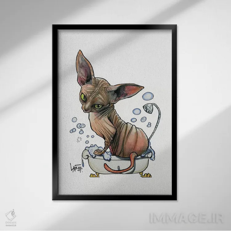 تابلو اسفینکس در وان کفآلود (گربه بیمو) اثر کاریکاتورهای سگ (استودیو تخصصی کاریکاتور حیوانات) - نمای قابدار مشکی