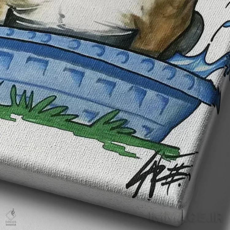 تابلو بولداگ در استخر بچه اثر کاریکاتورهای سگ (استودیو تخصصی کاریکاتور حیوانات) - نمای نزدیک بافت بوم