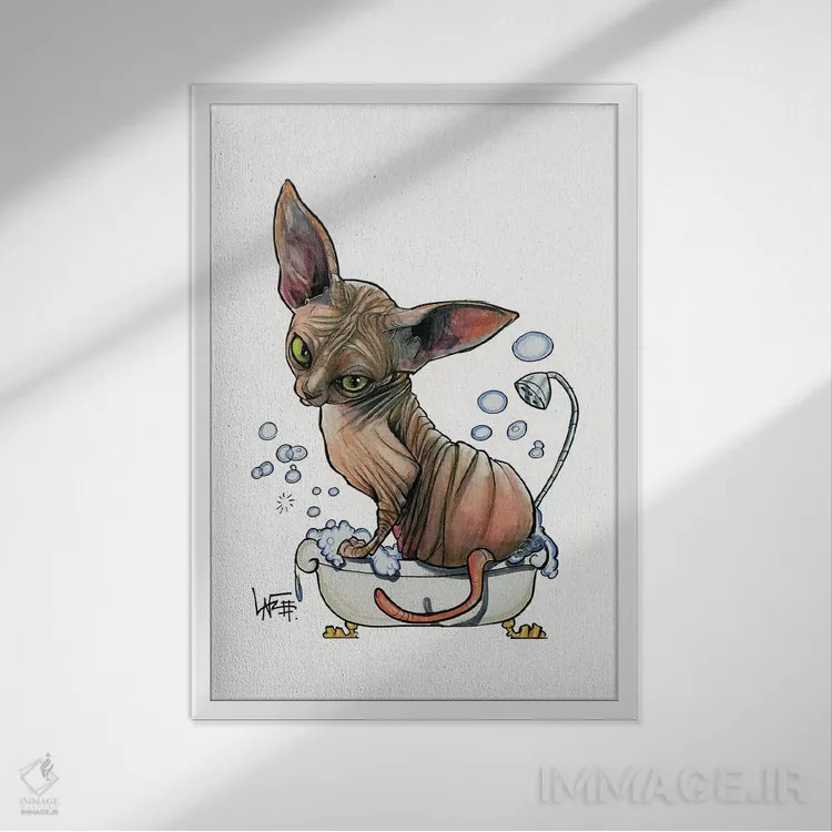 تابلو اسفینکس در وان کفآلود (گربه بیمو) اثر کاریکاتورهای سگ (استودیو تخصصی کاریکاتور حیوانات) - نمای قابدار سفید
