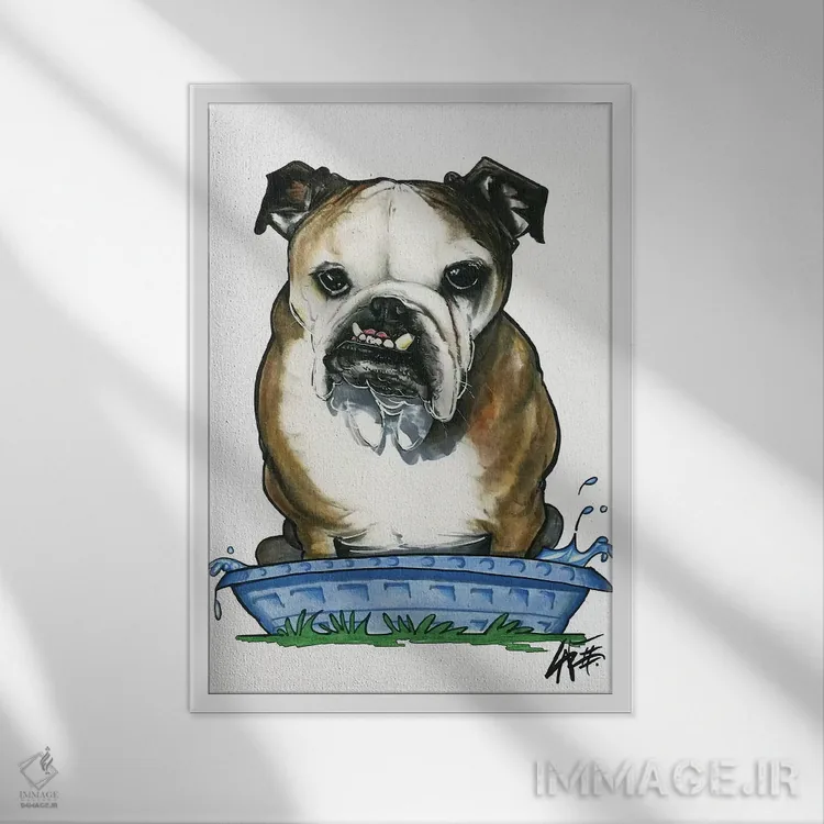 تابلو بولداگ در استخر بچه اثر کاریکاتورهای سگ (استودیو تخصصی کاریکاتور حیوانات) - نمای قابدار سفید