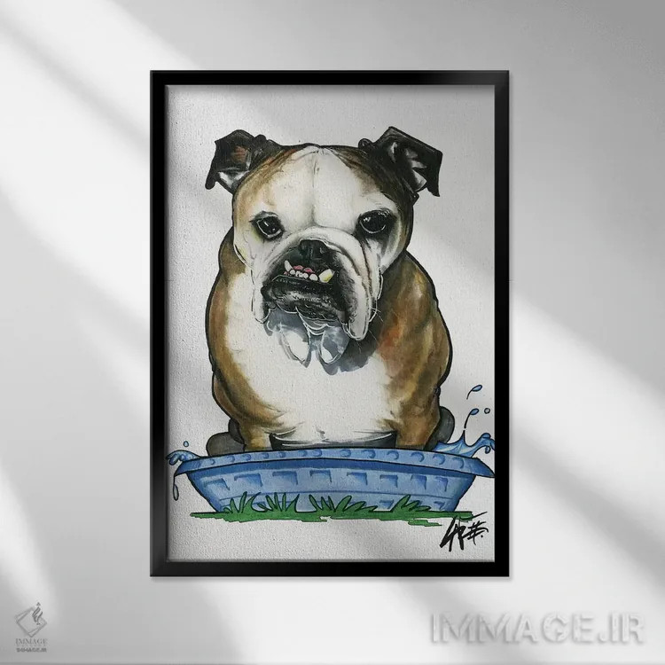 تابلو بولداگ در استخر بچه اثر کاریکاتورهای سگ (استودیو تخصصی کاریکاتور حیوانات) - نمای قابدار مشکی