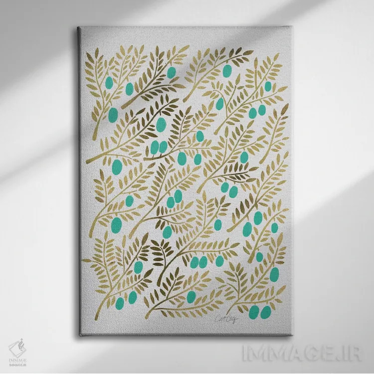 تابلو شاخههای زیتون فیروزهای اثر کت کوکیلت - نمای روبهرو روی دیوار