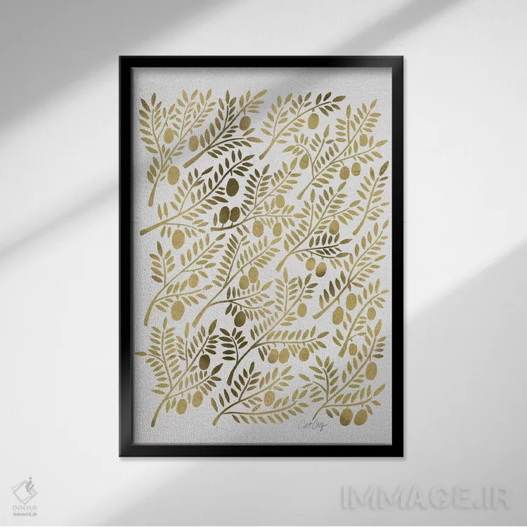 تابلو شاخههای زیتون طلایی اثر کت کوکیلت - نمای قابدار مشکی