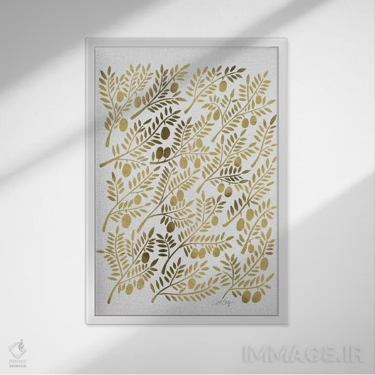 تابلو شاخههای زیتون طلایی اثر کت کوکیلت - نمای قابدار سفید