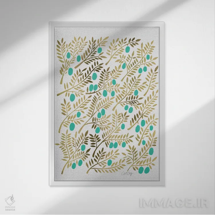تابلو شاخههای زیتون فیروزهای اثر کت کوکیلت - نمای قابدار سفید