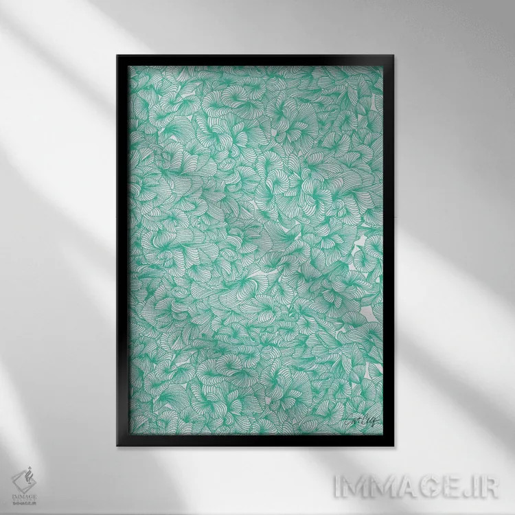 تابلو نقش انتزاعی فیروزهای اثر کت کوکیلت - نمای قابدار مشکی