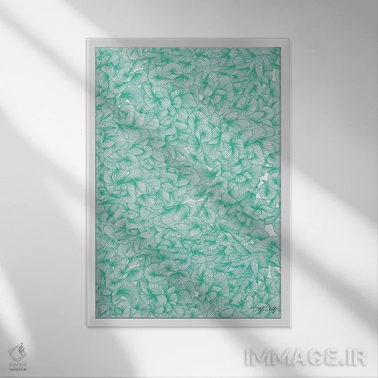 تابلو نقش انتزاعی فیروزهای اثر کت کوکیلت - نمای قابدار سفید