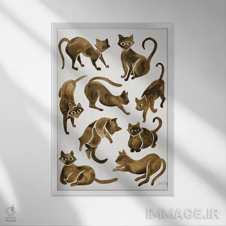 تابلو Sepia,حالتهای گربه، قهوهای سیر (سپیا) اثر کت کوکیلت - نمای قابدار سفید