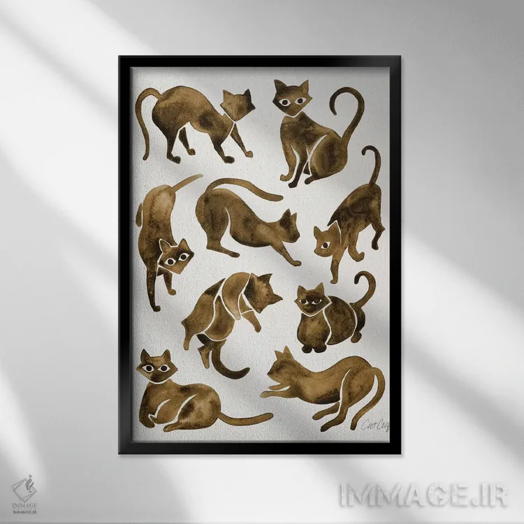 تابلو Sepia,حالتهای گربه، قهوهای سیر (سپیا) اثر کت کوکیلت - نمای قابدار مشکی