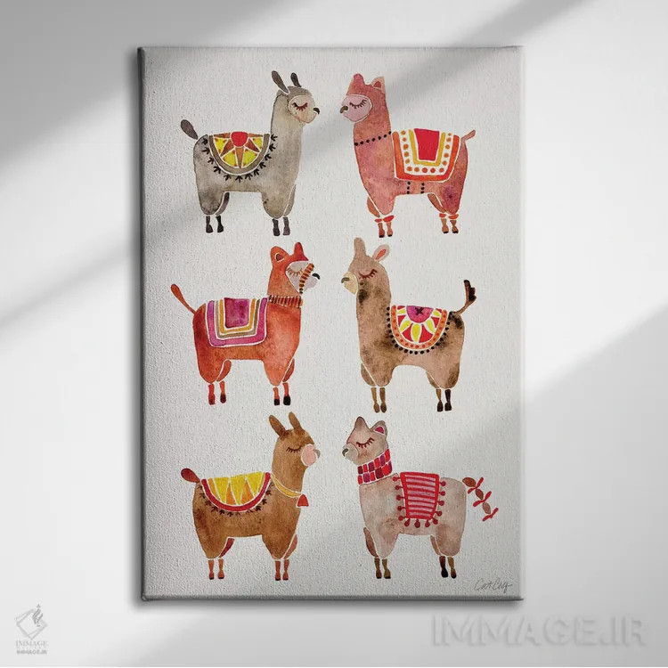 تابلو آلپاکاها (حیوان لاما مانند) اثر کت کوکیلت - نمای روبهرو روی دیوار