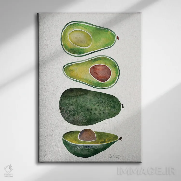 تابلو آووکادوها (میوهٔ گرمسیری) اثر کت کوکیلت - نمای روبهرو روی دیوار
