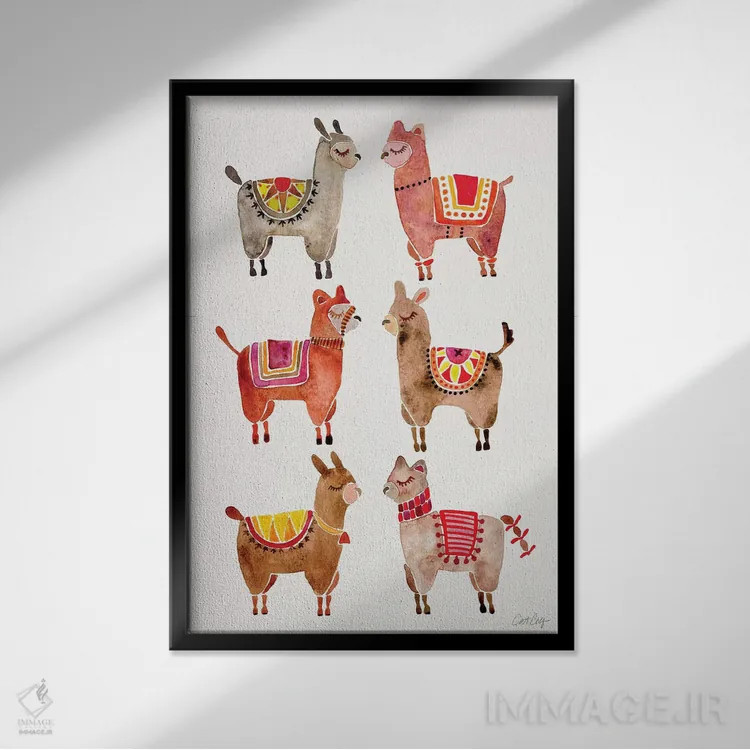 تابلو آلپاکاها (حیوان لاما مانند) اثر کت کوکیلت - نمای قابدار مشکی