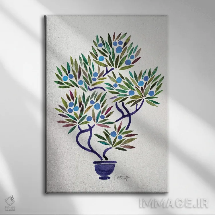 تابلو بونسای آبی و نارنجی اثر کت کوکیلت - نمای روبهرو روی دیوار