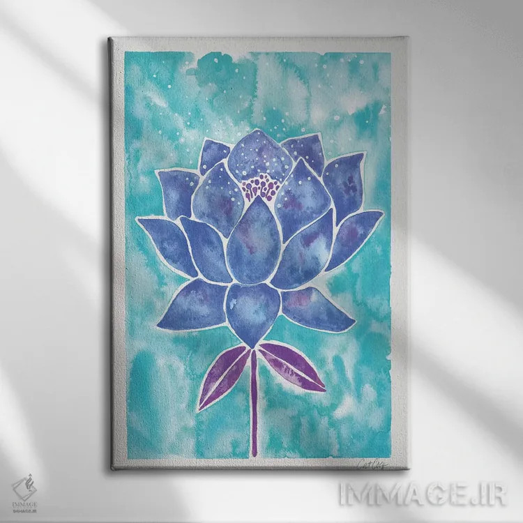 تابلو شکوفه نیلوفر روی زمینه آبی اثر کت کوکیلت - نمای روبهرو روی دیوار